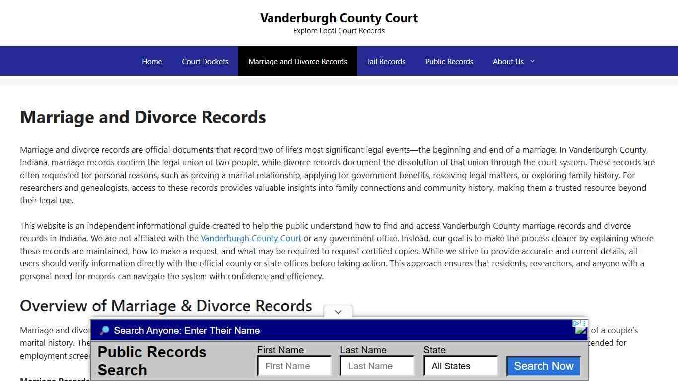 Marriage and Divorce Records - Vanderburgh County Court